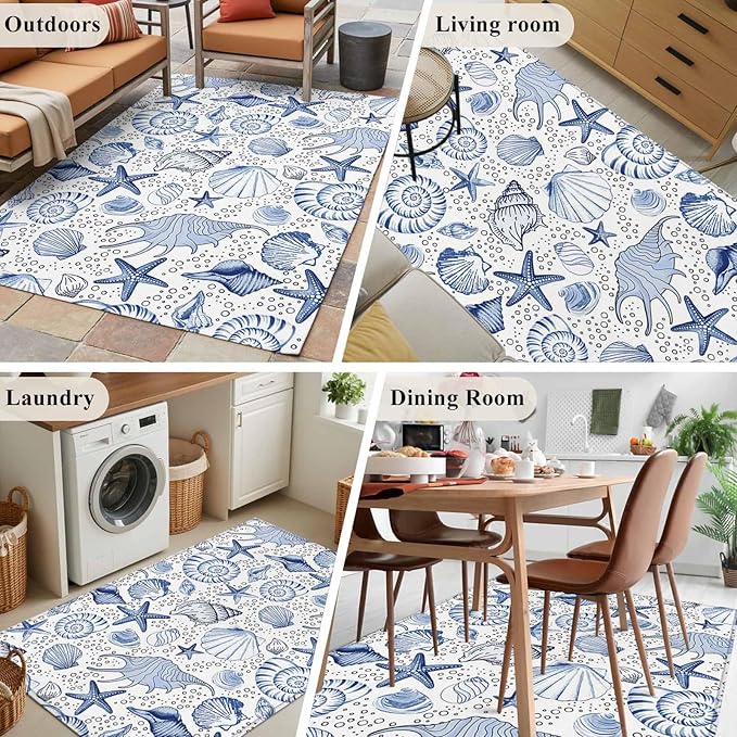 Area Rug 3x5ft, Navy Blue Starfish Conch Shell Seamless Washable Rugs for Living Room Bedroom, Summer Ocean Bubbles Soft Non-Slip Area Rugs Rectangle Floor Carpet for Dining Room