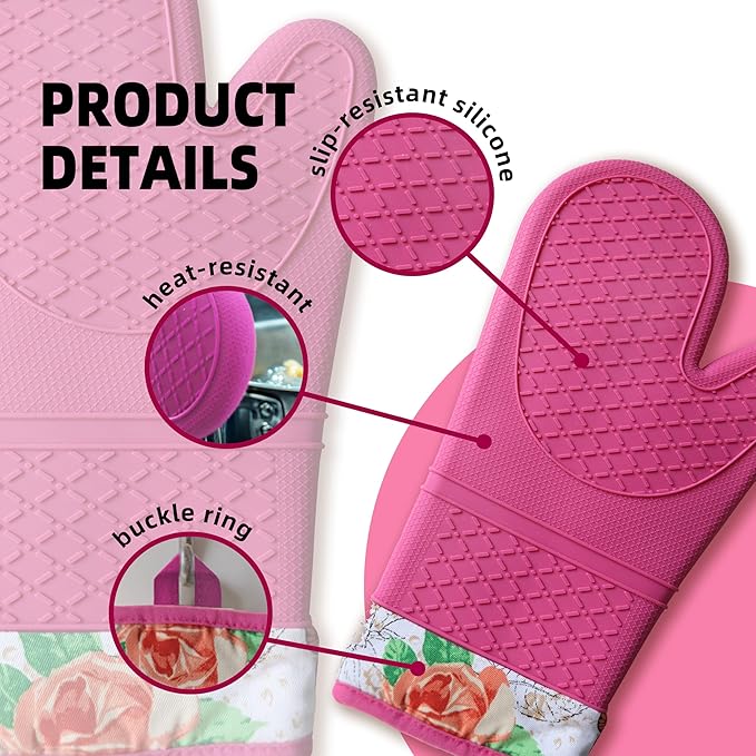 Pair of 2 Heat-Resistant Silicone Oven Mitts – Extra Long, Non-Slip Grip, Soft Cotton Lining, Perfect for Baking, Cooking & BBQ – 13” x 7” Kitchen Gloves (Pink Rose)