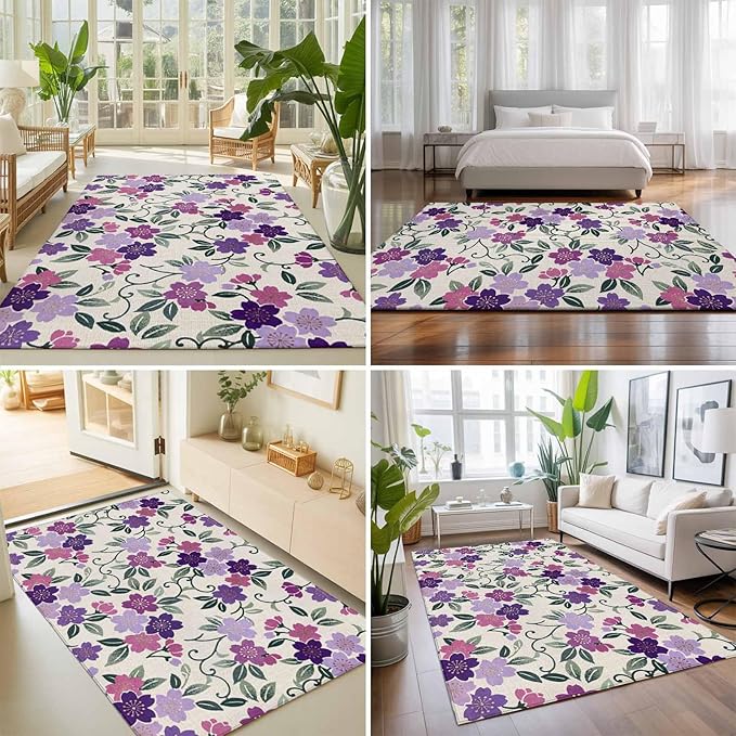 Area Rug 8x10ft, Watercolor Country Flowers Washable Rugs for Living Room Bedroom, Plum Blossoms on Linen Soft Non-Slip Area Rugs Rectangle Floor Carpet for Dining Room