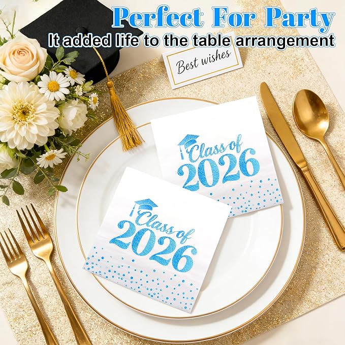 Graduation Napkins - Class of 2026 Napkins Disposable Paper Napkins Congrats Grad Cocktail Napkins Graduation Decorations 2026 Light Blue Napkins Hand Towels for Graduation Party Decorations 50 Pcs