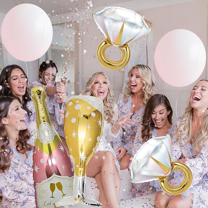 4 Pcs Bachelorette Balloons, Huge Rose Gold Champagne Bottle Diamond Ring Goblet Aluminum Foil Balloons for Bachelorette Party, Bridal Shower, Wedding, Engagement Party Decorations Supplies