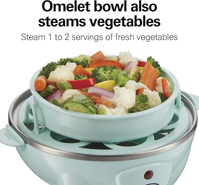 Hamilton Beach 3-in-1 Electric Egg Cooker for Hard Boiled Eggs, Poacher Eggs, Omelet Maker & Vegetable Steamer, Holds 7, Mint (25504)