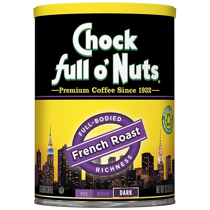 Chock Full o' Nuts French Roast Ground Coffee – Premium Beans in Recyclable Steel Can – Rich Flavor & Aroma, Dark Roast – Perfect for Drip, Pour-Over, Percolator – 10.3 Oz Can