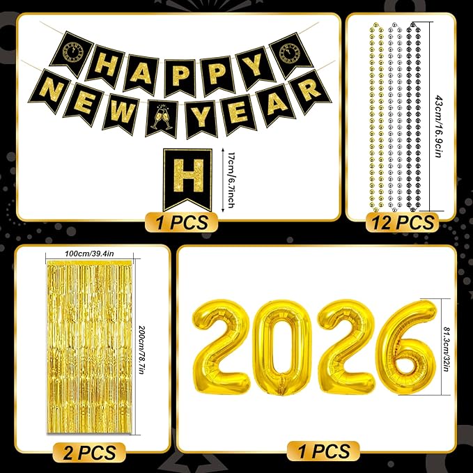 New Years Eve Party Supplies 2026 for 24, New Years Eve Party Decorations, a Banner, 12 Hat, 12 Glasses, 24 Blowouts, 12 Leis, 12 Necklaces 2 Foil Fringe Curtains,32 Inches "2026" Foil Balloons