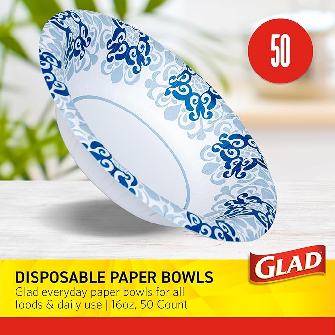 Glad Round Disposable Paper Bowls, Blue Victorian Design - Heavy Duty, Soak-Proof, Cut-Resistant, Microwavable Paper Bowls for All Foods and Daily Use, 16 oz, 50 Count