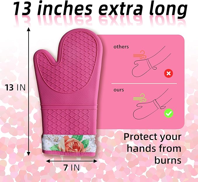 Pair of 2 Heat-Resistant Silicone Oven Mitts – Extra Long, Non-Slip Grip, Soft Cotton Lining, Perfect for Baking, Cooking & BBQ – 13” x 7” Kitchen Gloves (Pink Rose)