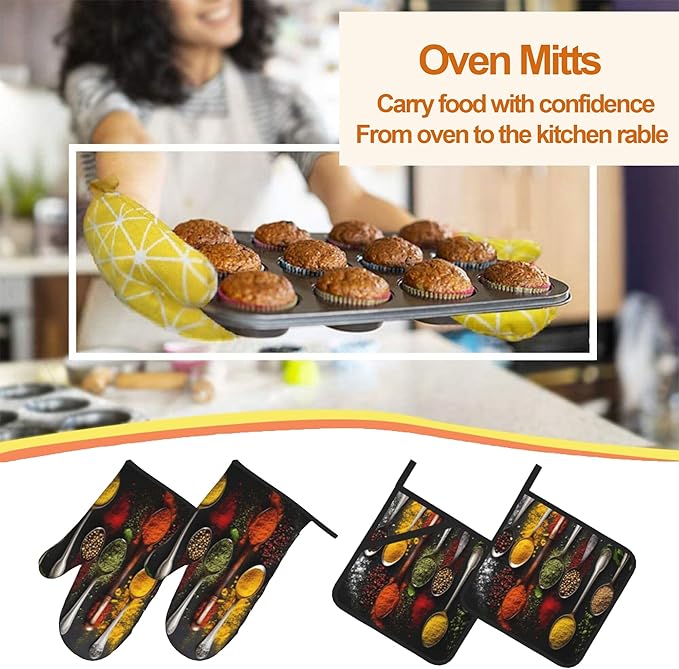 Oven Mitts and Hot Pads Set - Colorful Spoon Design, Heat Resistant Cute Pot Holders for Kitchen, Baking Gifts for Women