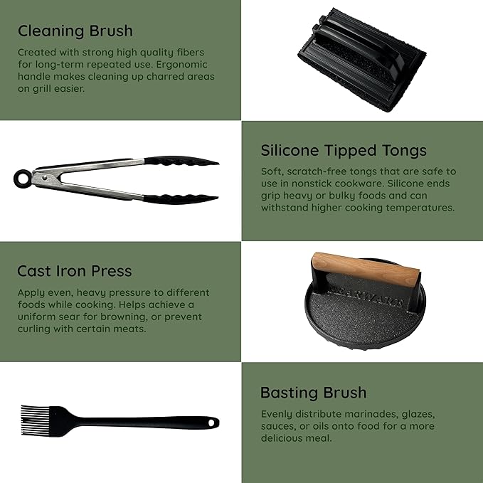 Griddle Accessories Set - Durable Stainless Steel Tools for Flat Tops - Includes Heat-Resistant Grill Glove & Cast Iron Grill Press