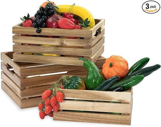 VICTORY RELAX Nesting Wood Storage Crates (Set of 3) - Light Natural Acacia Wood Stackable Wooden Boxes for Storage & Organization - Decorative Wooden Basket Set for Fruits, Shelving & Home Decor