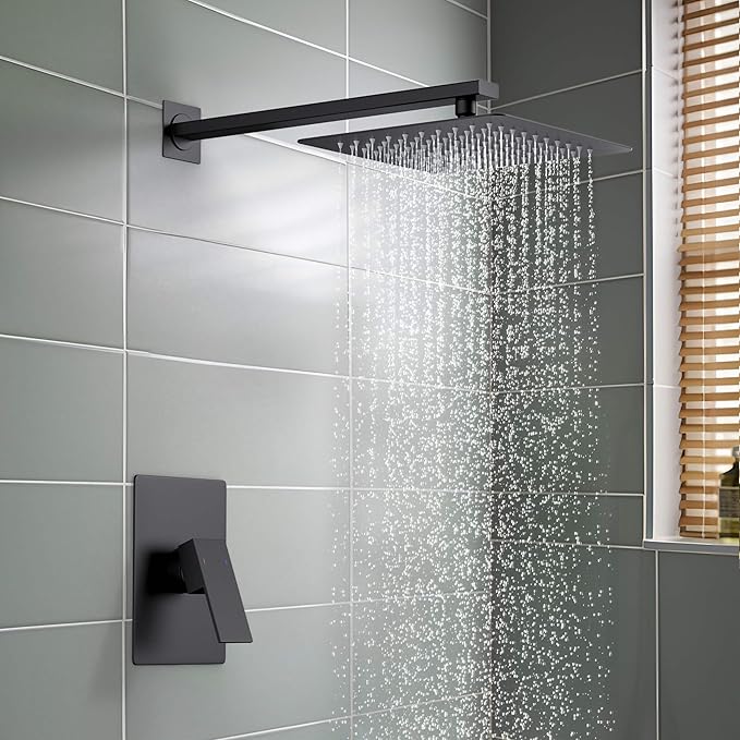 KIBI Cube Rain Shower System with Valve, Wall Mounted Shower Faucet Set – Single Function Solid Brass Pressure Balanced Bathroom Shower System with Rainfall Shower Head, Matte Black