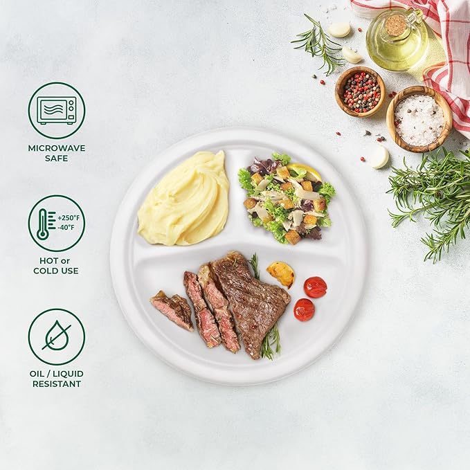 Freshware Paper Plates - Disposable 10" Plate, 150-Pack, Biodegradable Sugarcane Dinner Plates - Heavy Duty Dinnerware - Microwave & Freezer Safe, Stackable Dinnerware - 3-Compartment