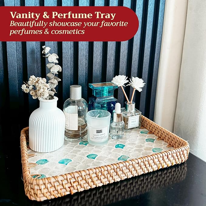 Rattan Rectangle Tray with Mother of Pearl Inlay – Unique Decorative Rattan Serving Tray for Coffee Table, Bathroom Vanity, Perfume & Nightstand – Ideals for Housewarming (Fin 11.8")