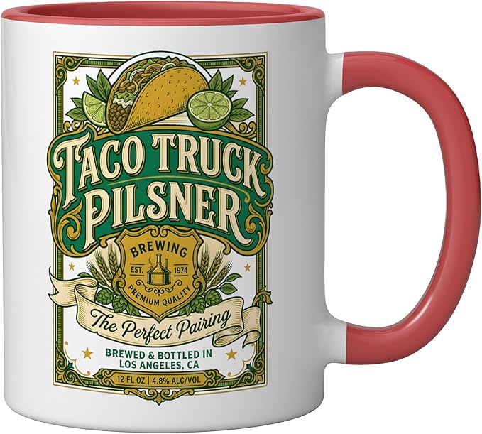 Taco Truck Pilsner Retro cerveza Funny Beer Label Ceramic Mug, Red/White