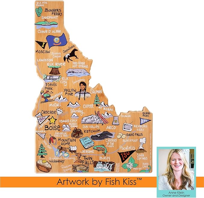 Totally Bamboo Idaho State Shaped Cutting Board and Charcuterie Serving Platter with Artwork by Fish Kiss, Includes Hang Tie for Wall Display