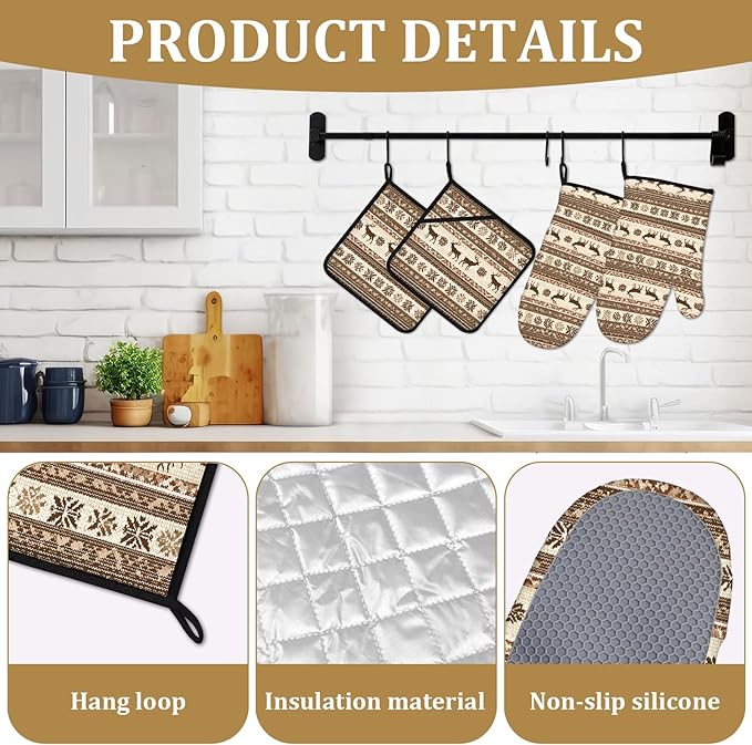 Brown Rustic Deer Oven Mitts and Pot Holders Sets 4Pcs Wild Animal Silicone Kitchen Gloves Heat Resistant Potholders for Baking Cooking Grilling BBQ