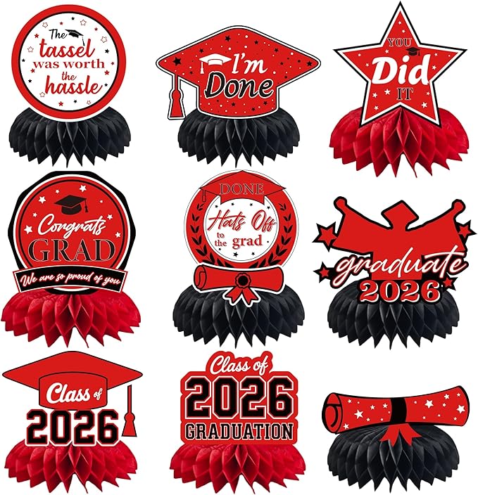 Graduation Decorations 2026 - Red Graduation Honeycomb for Table Centerpiece | Graduation Party Decorations Class of 2026,Table Toppers for Graduation Party Favors Supplies Indoor Outdoor