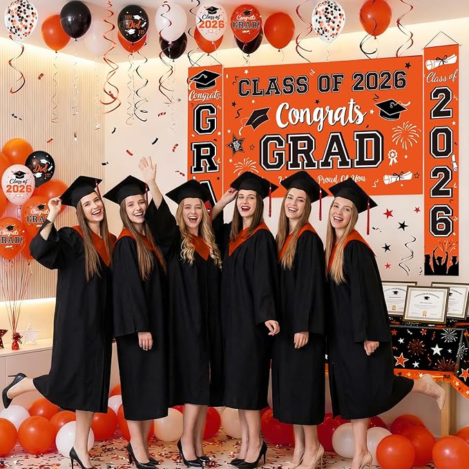Graduation Decorations Class of 2026 - Orange Graduation Party Supplies Congrats Grad Backdrop & Banner, Hanging Swirls, Porch Sign, Balloons for High School & College Celebrations