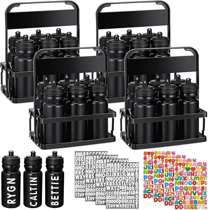 Suclain Water Bottle Carrier with 20 Oz Bottles and Stickers Plastic Wide Mouth Sports Water Bottle Squeeze Team Bottles with Black Lid for Fitness Bike Gym(28 Pcs,Black)