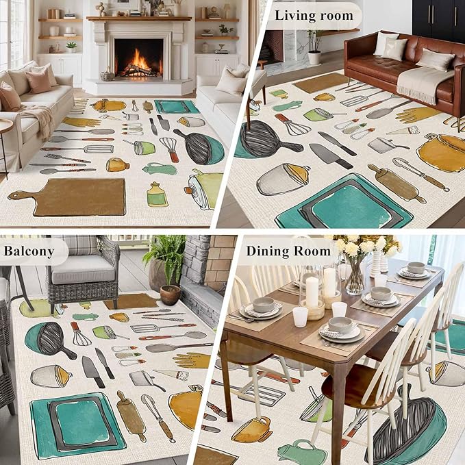 Cooking Kitchenware Kitchen Tool Pattern Rectangle Rugs 6x9ft for Living Room Washable Circle Rug Non-Slip Carpet Soft Mat for Bedroom Dining Room Bathroom Home Holiday Decorations Indoor