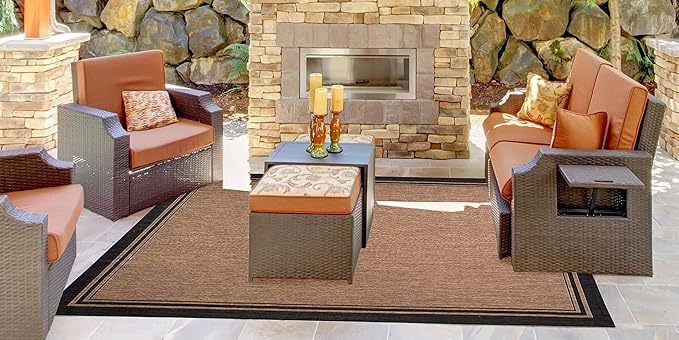 Gertmenian Indoor Outdoor Classic Flatweave Area Rug, Stain & UV Resistant Carpet, Deck, Patio, Poolside & Mudroom, 8x10 Ft Large, Border, Black Tan, 21515