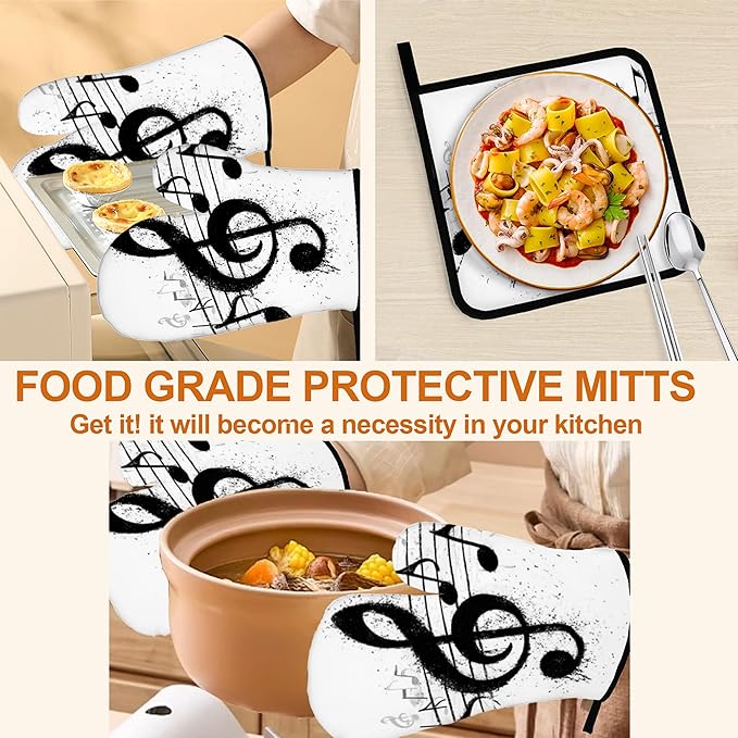 Black White Music Note Oven Mitts & Potholder Set of 4 - Heat Resistant Kitchen Gloves Hot Pads for Baking, Cooking, Gifts for Women