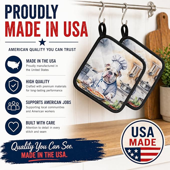 Caroline's Treasures English Bulldog The Chef Pair of Pot Holders Kitchen Heat Resistant Pot Holders Sets Oven Hot Pads for Cooking Baking BBQ, 7 1/2 x 7 1/2