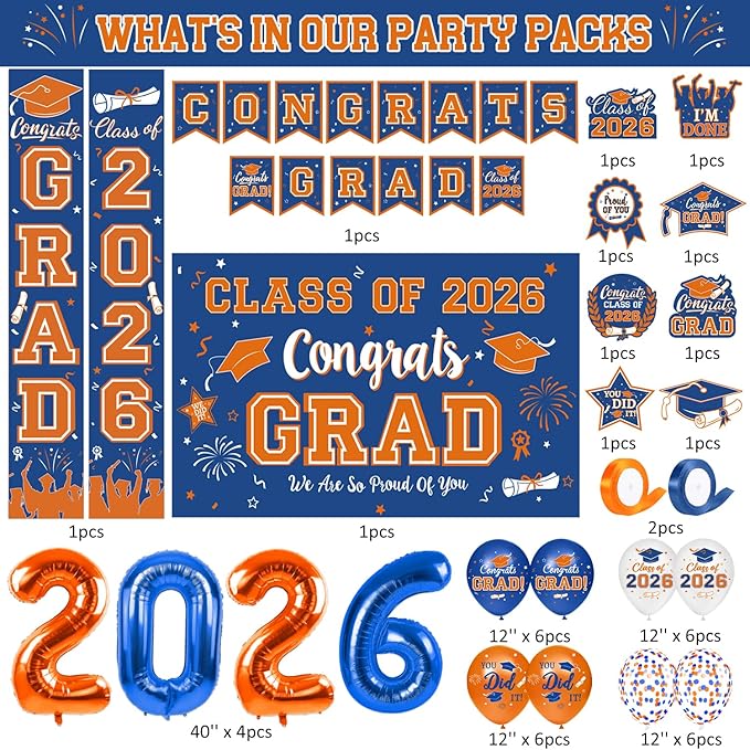 Graduation Blue and Orange Decorations 2026 Include Grad Backdrop, Banner, Hanging Swirls, Porch Sign, Balloons for Congrats Grad Party Decorations