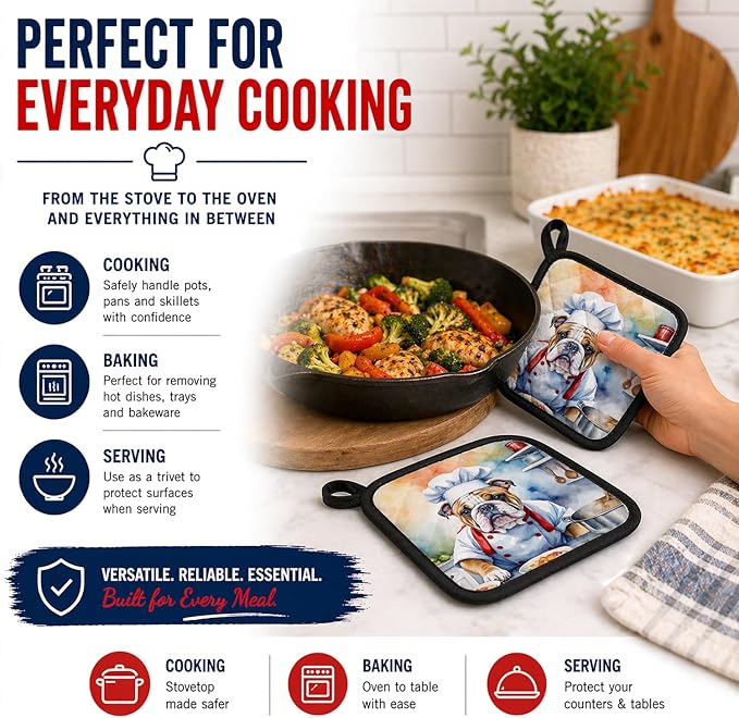 Caroline's Treasures English Bulldog The Chef Pair of Pot Holders Kitchen Heat Resistant Pot Holders Sets Oven Hot Pads for Cooking Baking BBQ, 7 1/2 x 7 1/2