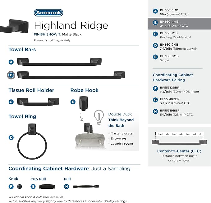 Amerock BH36014MB | Matte Black Towel Bar | 24 in (610 mm) Towel Rack | Highland Ridge | Bathroom Towel Holder | Bathroom Hardware | Bath Accessories