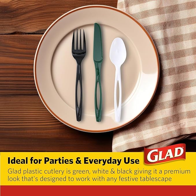 Glad Disposable Cutlery Set with Heavy Duty Plastic Forks, Knives, and Spoons, Reusable Dishwasher Safe Plastic Utensils for Parties and Everyday Use - Green, White, & Black, 120 Count - 6 Pack