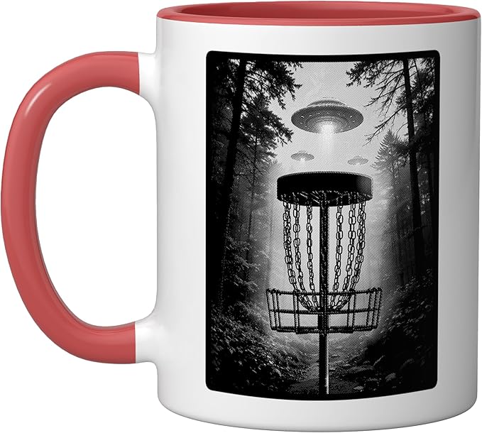 Disc Golf Basket UFO Selfie Funny Alien Wooded Hole Course Ceramic Mug, Red/White