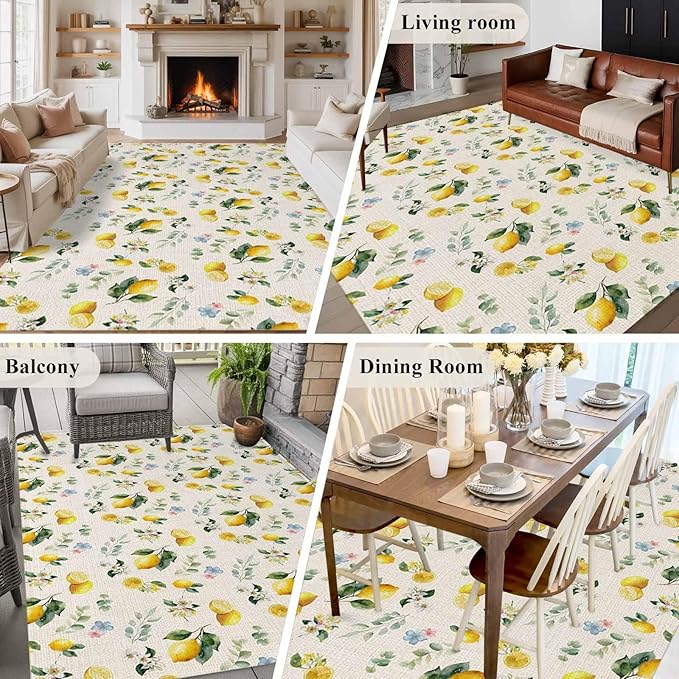 Area Rug 9x12ft, Country Lemon Flower Leaf Washable Rugs for Living Room Bedroom Rectangle Floor Carpet, Pastoral Fruit Plant Vintage Linen Soft Non-Slip Area Rugs for Dining Room