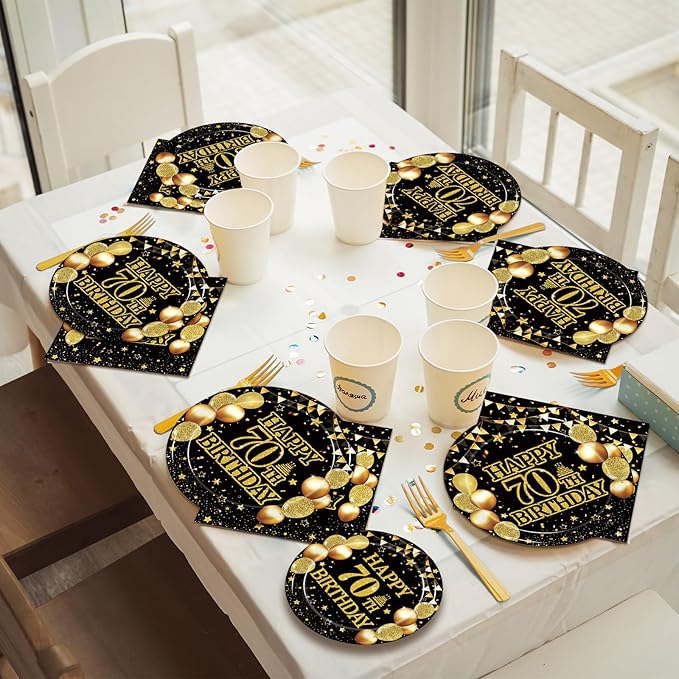 Kepeel 200Pcs 70th Birthday Party Tableware Set, Back in 1956 Birthday Party Decorations Supplies for Men Women Cheers to 70 Years Disposable Paper Plates Napkins Forks Favors, Serve 50