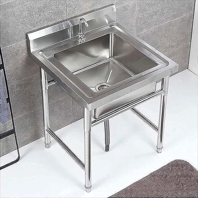 Commercial Stainless Steel Sink Catering Sink 1 Compartment Free Standing Utility Sink for Garage, Restaurant, Kitchen, Laundry Room, Outdoor, Silver, 60cm