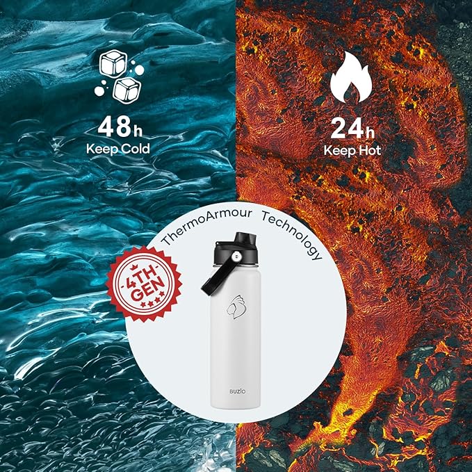 BUZIO 24 oz Water Bottle Insulated, Leakproof Stainless Steel Flask (Cold for 48 Hrs), Wide Mouth BPA-Free Metal Thermo Hydro Canteen with 2 Lids, White