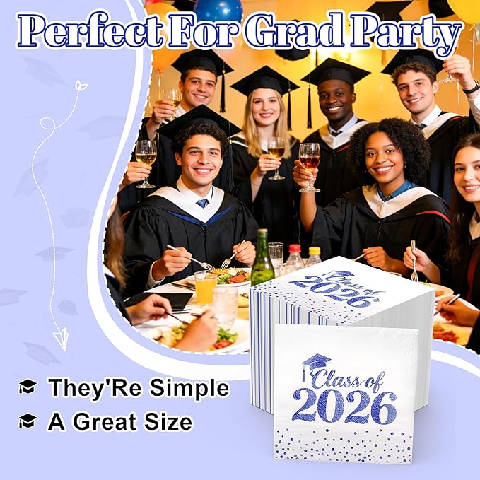 Graduation Napkins - Class of 2026 Napkins Disposable Paper Napkins Congrats Grad Cocktail Napkins Graduation Decorations 2026 Blue Napkins Hand Towels for College Graduation Party Decorations 50 Pcs