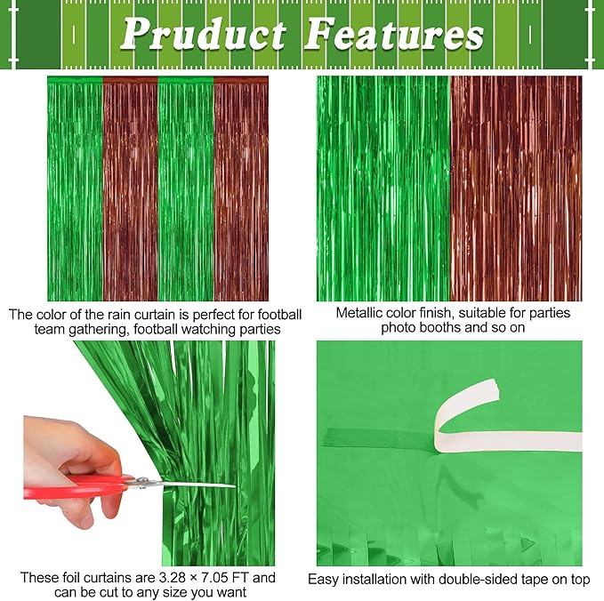 2 Pack Football Party Decorations, 3.28 FT x 7.05 FT Tinsel Backdrop, Brown Green Foil Fringe Curtains Metallic Party Streamer, Football Party Supplies Game Day Decorations 2026