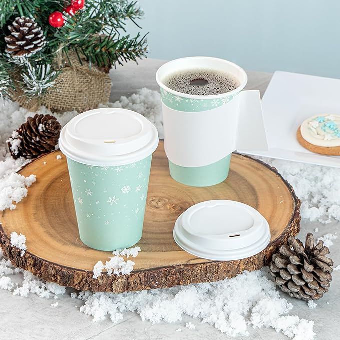 Restaurantware-Restpresso 12 Ounce Drinking Cups, 20 Hot Cups With Plastic Lids - Snowflake Design, Disposable, Light Blue Paper Coffee Cups, For Christmas Parties, Serve Hot And Cold Drinks