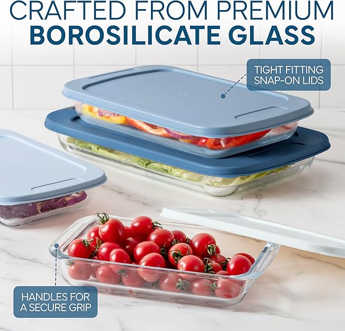 COOK WITH COLOR 8-Piece Deep Glass Baking Dish Set with Plastic Lids – Casserole and Food Storage Containers for Lasagna, Leftovers – Freezer-to-Oven, Microwave & Dishwasher Safe, Blue