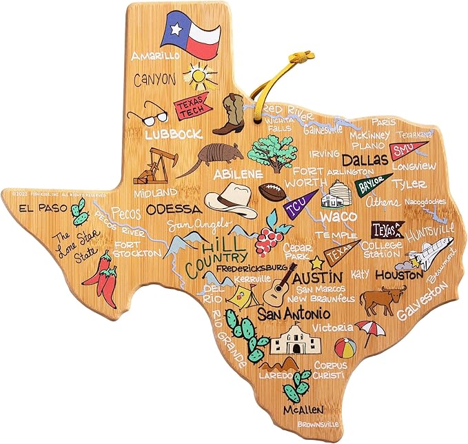 Totally Bamboo Texas State Shaped Cutting Board with Artwork by Fish Kiss – Colorful Map Artwork for Serving, Display or Kitchen Use – Unique Texas Gift and Home Décor