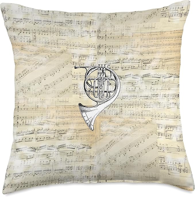 Vintage French Horn Sheet Music Throw Pillow