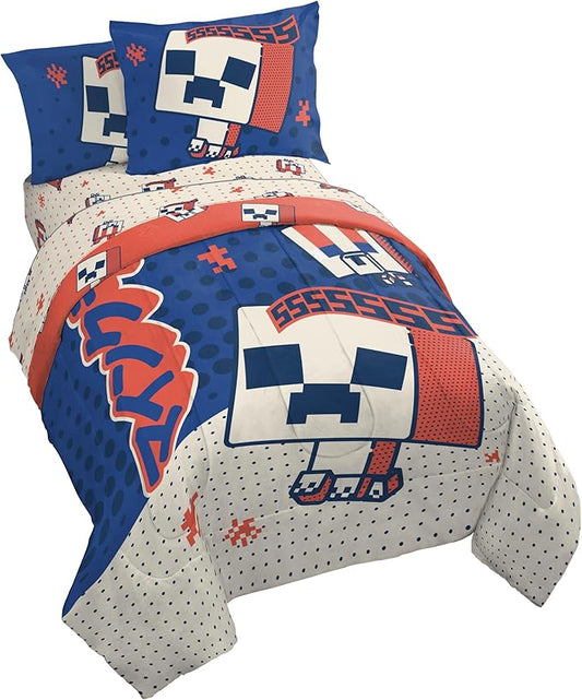 Jay Franco Minecraft Creeper Twin Comforter Set - 5 Piece Bedding Includes Sheet Set & Pillow Covers - Super Soft Red & Blue Oishi Market Kids Bedding