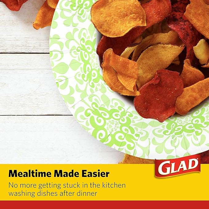 Glad Round Disposable Paper Bowls, Green Victorian Design - Heavy Duty, Soak-Proof, Cut-Resistant, Microwavable Paper Bowls for All Foods and Daily Use, 16 oz, 15 Count - 2 Pack