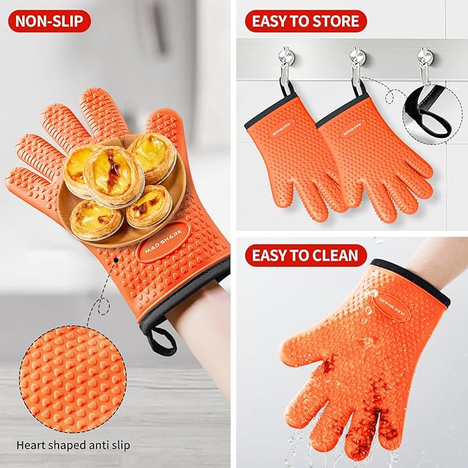MAD SHARK Silicone Oven Mitts Heat Resistant 450°F with Waterproof & Non-Slip Oven Gloves with Fingers, Silicone Oven Gloves Kitchen Mittens for Baking Cooking Barbecue (Orange)