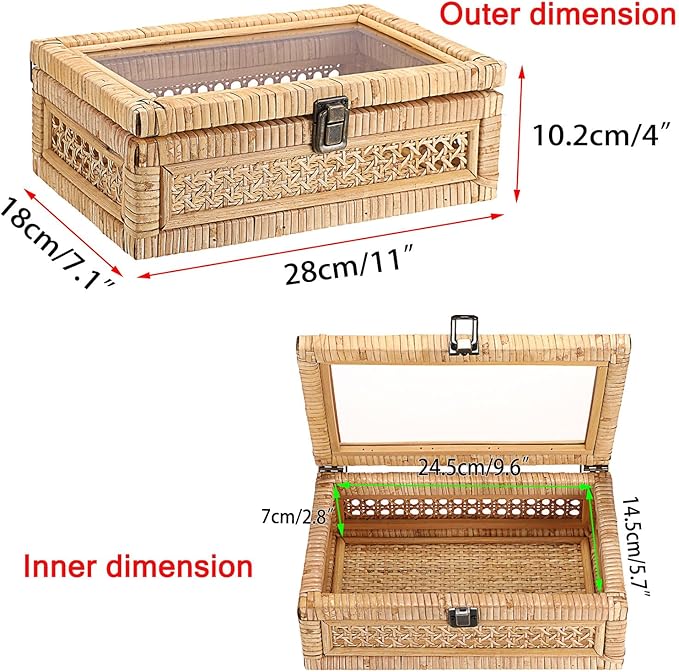 Hipiwe Rattan Display Box with Clear Lid Rectangular Wicker Storage Basket Bin with Metal Secure Latch Handwoven Natural Rattan Decorative Box Small Shelf Organizer Basket for Snacks Remotes