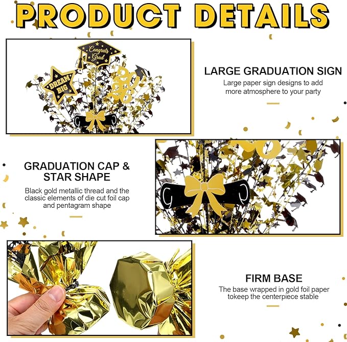 Unittype 6 Pack 2026 Graduation Table Centerpiece Black and Gold Party Decorations Congrats Grad Big Dream Centerpieces for Tables Metallic Foil Spray Centerpiece Glitter Cap Star Table Top Decor