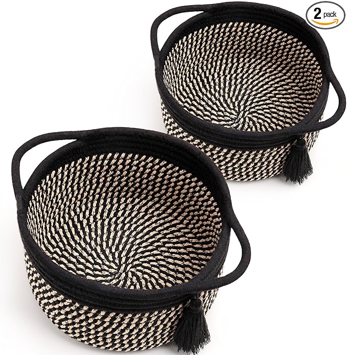 Small Woven Gift Basket Empty to Fill for Boys Man, Little Cotton Rope Bin for Desk, Bathroom, Shleves, Cute Decorative Plant Basket, 2 Pack, Pre-Shaped, With Gifts Bag & Ribbon, Black Brown