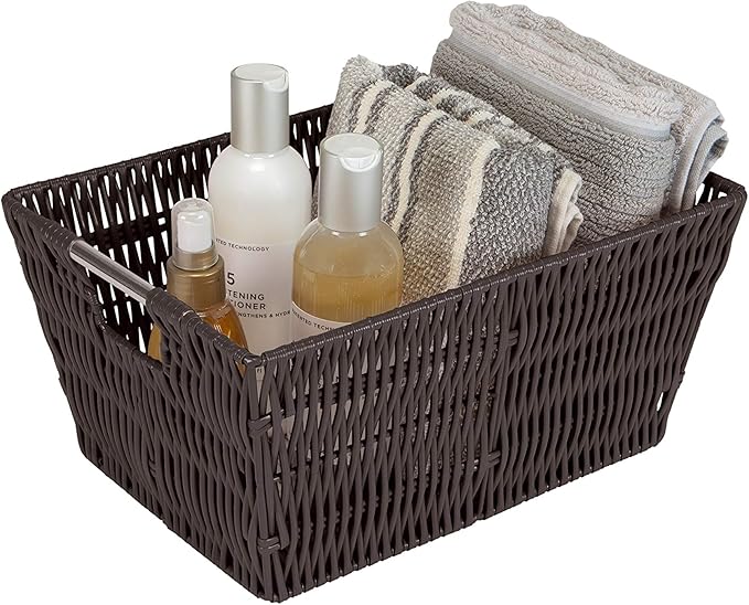 Simplify 3 Piece Set Woven Rattan Tote Baskets | Multi-Size | Handles | Storage & Organization | Toys | Bathroom Accessories | Home | Office | Dorm | Playroom | Closet | Chocolate