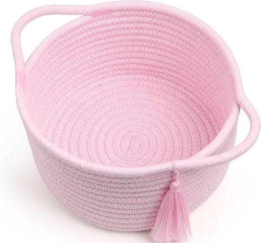 Small Cute Pink Gift Basket Empty to Fill — Mini Wicker Woven Cotton Rope Organizer 8"×4.7", Pastel Decorative Makeup Holder for Girls & Women, Bathroom, valentines/Desk Bin, Shower Gift by SweetMemo