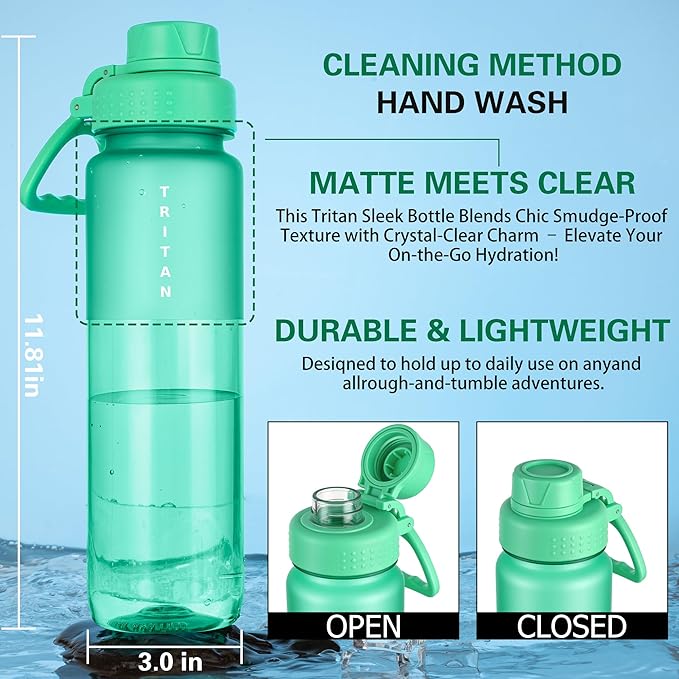 OLDLEY 32oz Frosted Clear Water Bottle, BPA-Free Tritan Plastic Reusable Water Bottle with Fast-Flow Spout Lid, Wide Mouth Leakproof Sports Drinking Bottle for Gym, School, Office, Travel,Bubble Gum
